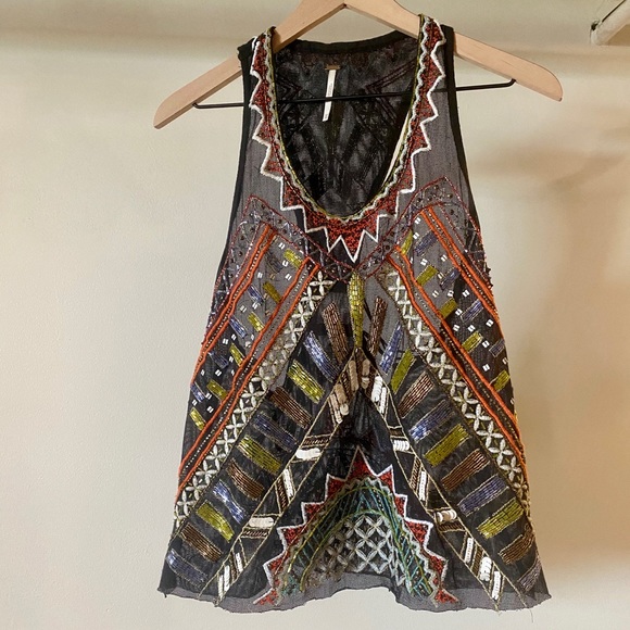 Free People Tops - Free People Sheer Beaded Boho Tank Top